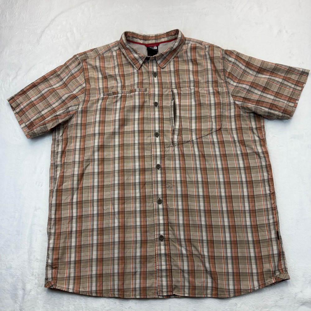 The North Face Mens XL Plaid Short Sleeve Button Down Shirt Orange Tan APNF